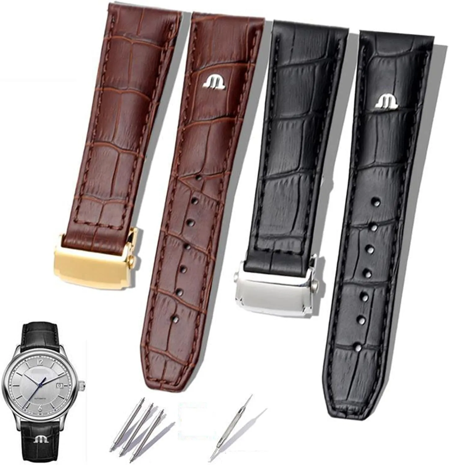 : 22mm) Genuine Leather watchband for Maurice Lacroix occasionally Watches Strap Black Brown 20mm 22mm with Folding Buckle Bracelet (Color : Brown Gold Clasp, Size 