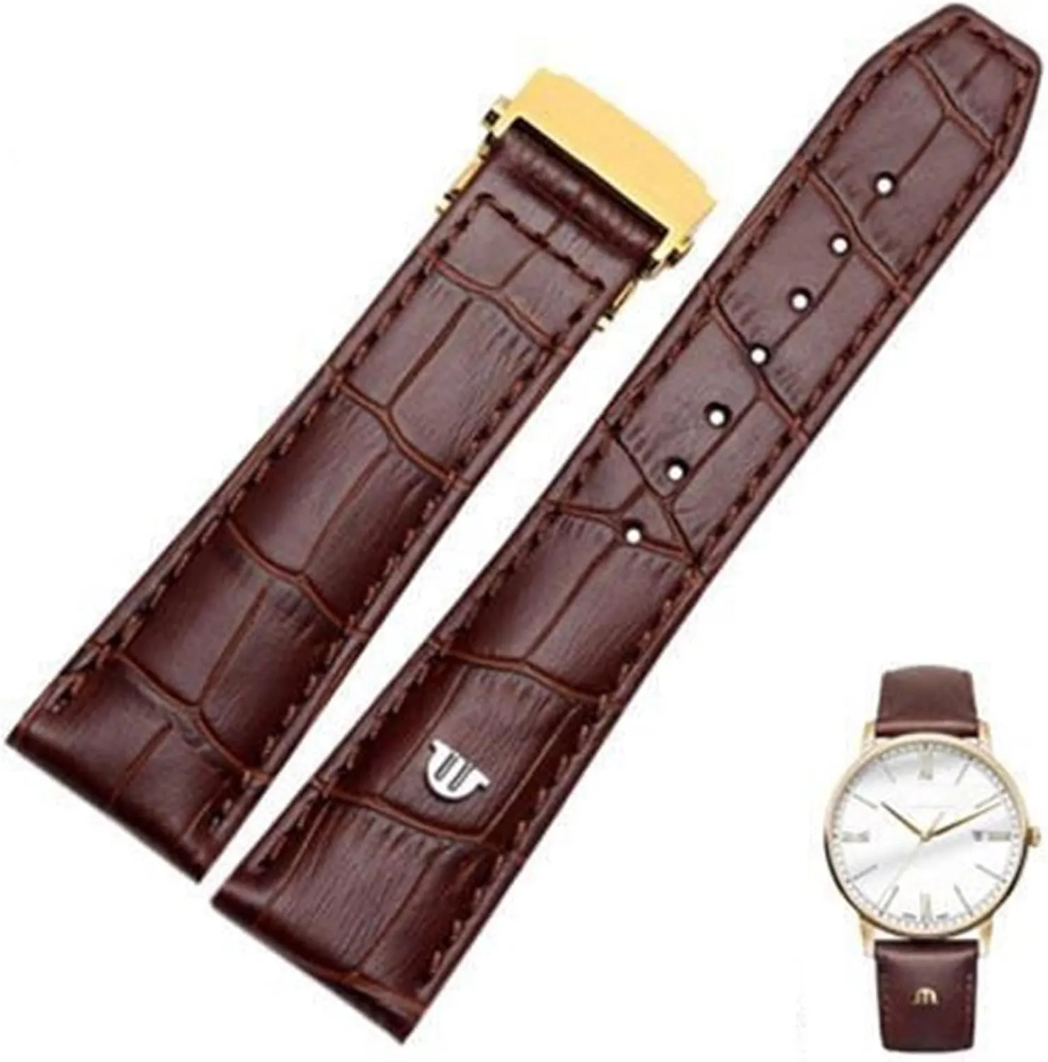 : 22mm) Genuine Leather watchband for Maurice Lacroix occasionally Watches Strap Black Brown 20mm 22mm with Folding Buckle Bracelet (Color : Brown Gold Clasp, Size 