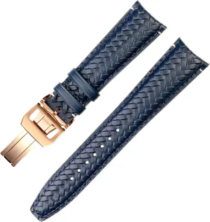 : Blue weft RG Folding, Size : 20mm) Cowhide Woven Watchband for IWC IW344205 Portugieser Pilot Watches Portofino Blue Soft Leather Watch Strap (Color 