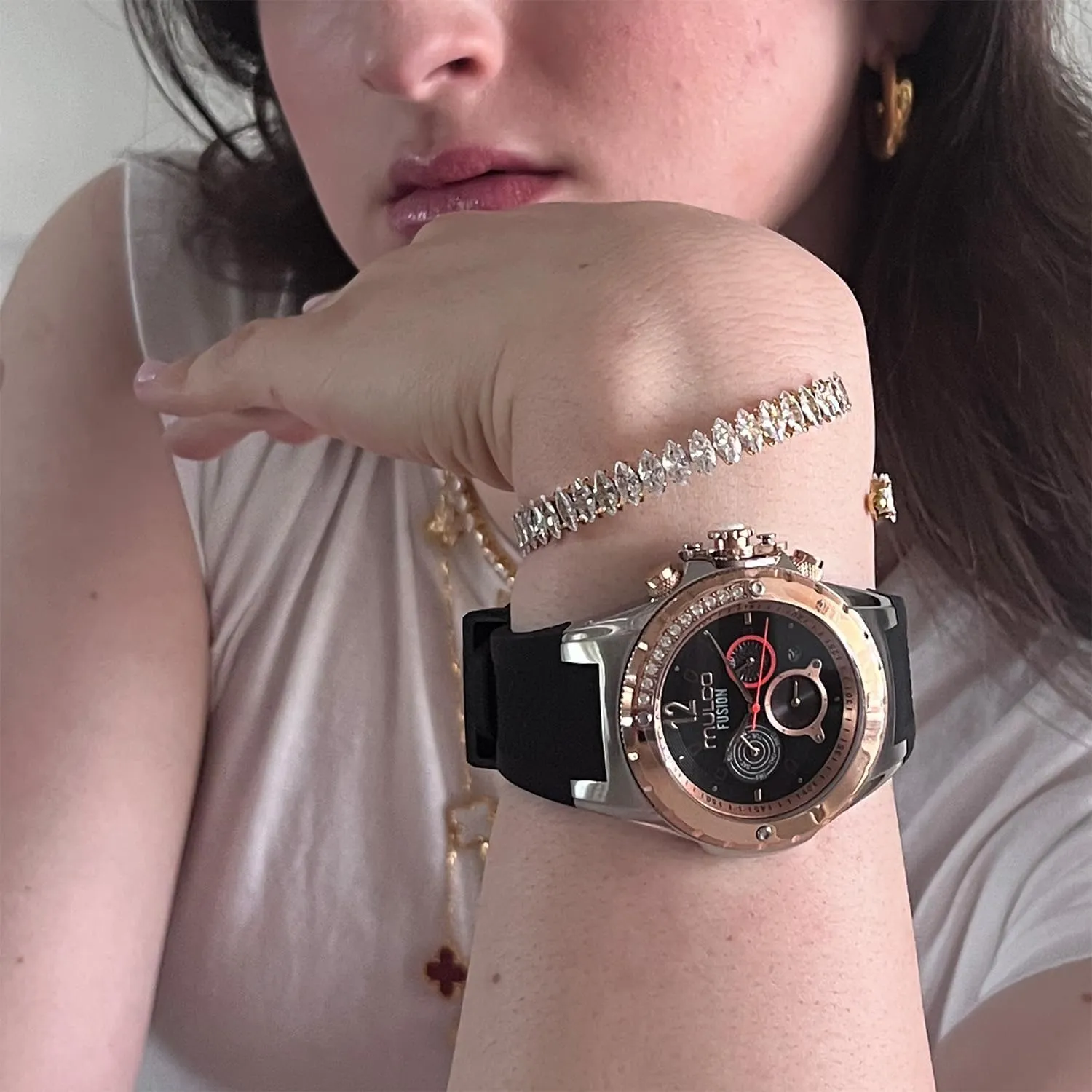 100m Waterproof MULCO Watches for Women-Blue Marine, flop inception landownership evanescent Silver Stainless Steel Case with Silicone Wrist Band, Quartz Multifunction Movement,Large Analog Display, Crystal Stones & Rose Gold Accents, 
