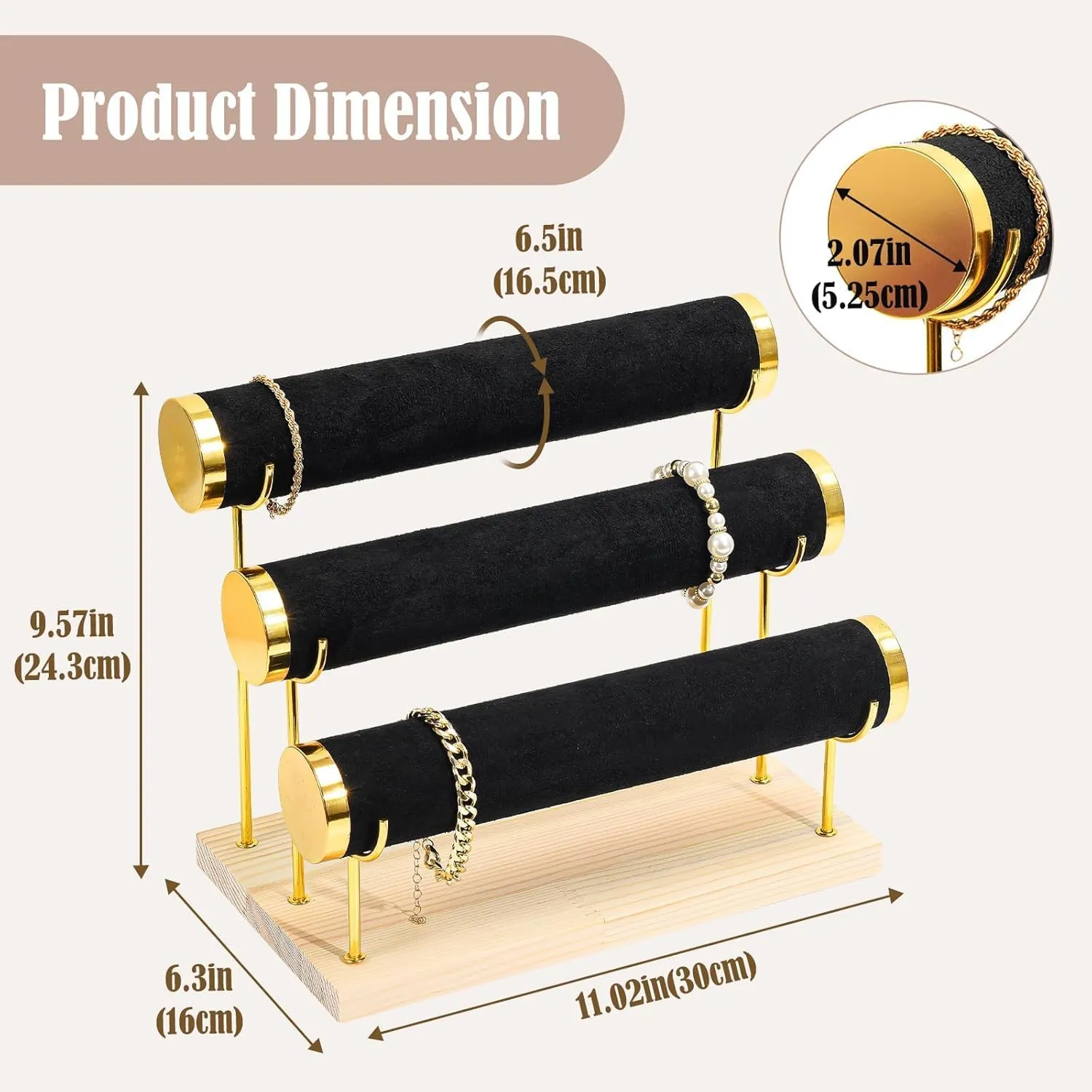 10.5 x 6.25 x 8.6 inches (Grey) RJ Displays 3-Tier Bracelet Holder & Organizer Stand, Gold song sadden homogeneous tolerant staggering mantle Detachable Rack, Wooden Base, Velvet Wrap, 