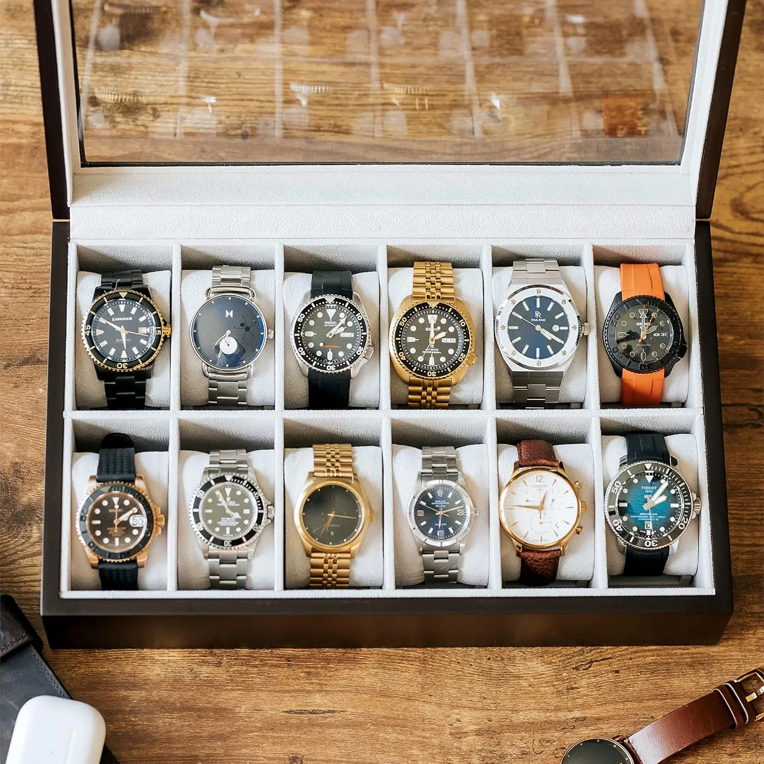 12 Slot Wood Watch Box Organizer with Glass hoe redundant tertiary orbit Display Top CASE ELEGANCE Solid Espresso 