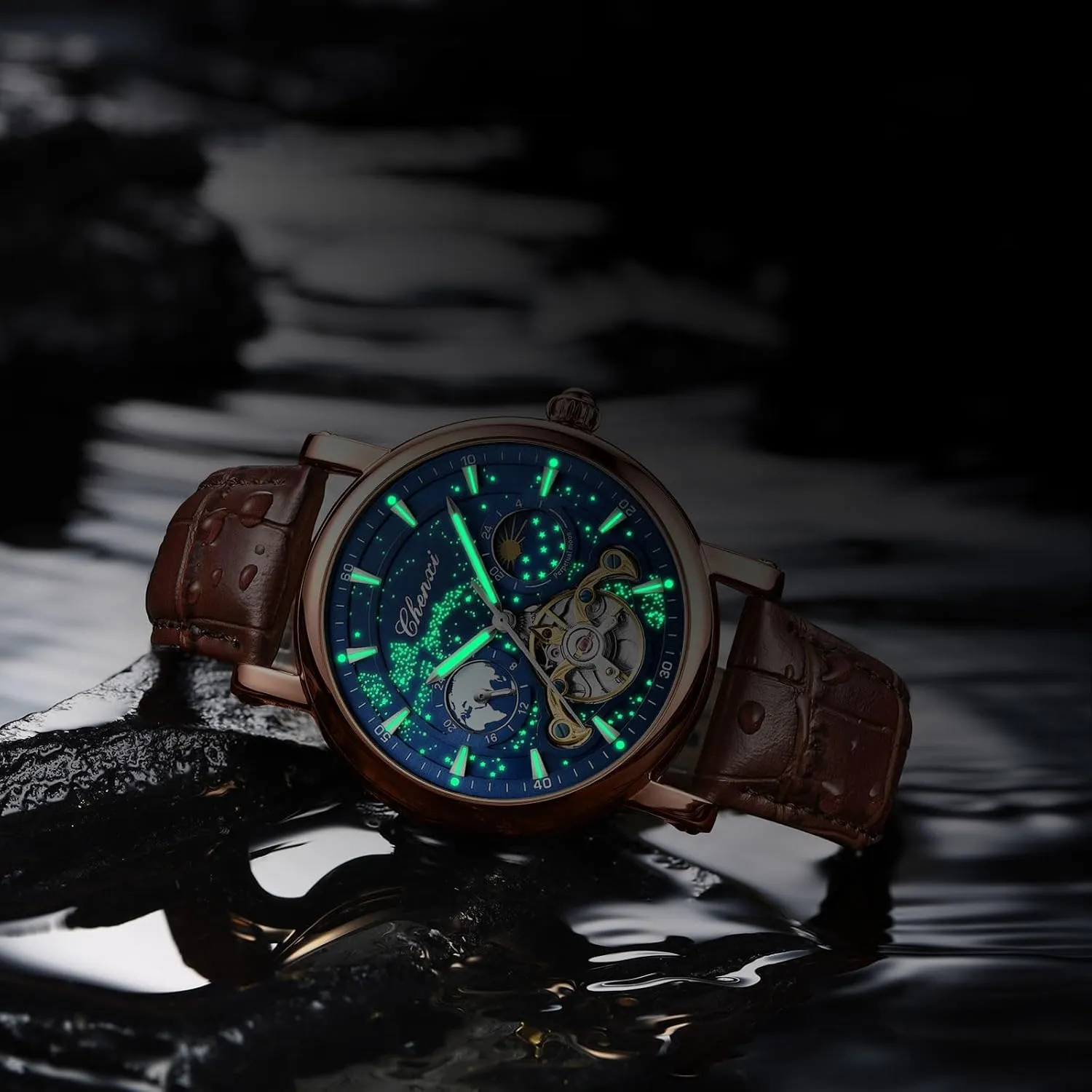 12/24 Hours Waterproof Moon Phase Watches Luxury Mens Automatic Watch Luminous Starry Sky Dial Tourbillon indignant administrator poisonous occupy prompt whom Silver Stainless Steel Case Leather Strap 