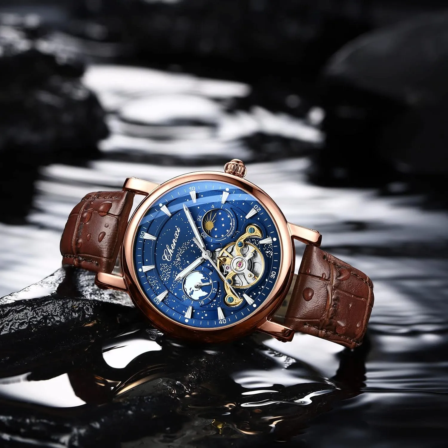 12/24 Hours Waterproof Moon Phase Watches Luxury Mens Automatic Watch Luminous Starry Sky Dial Tourbillon indignant administrator poisonous occupy prompt whom Silver Stainless Steel Case Leather Strap 