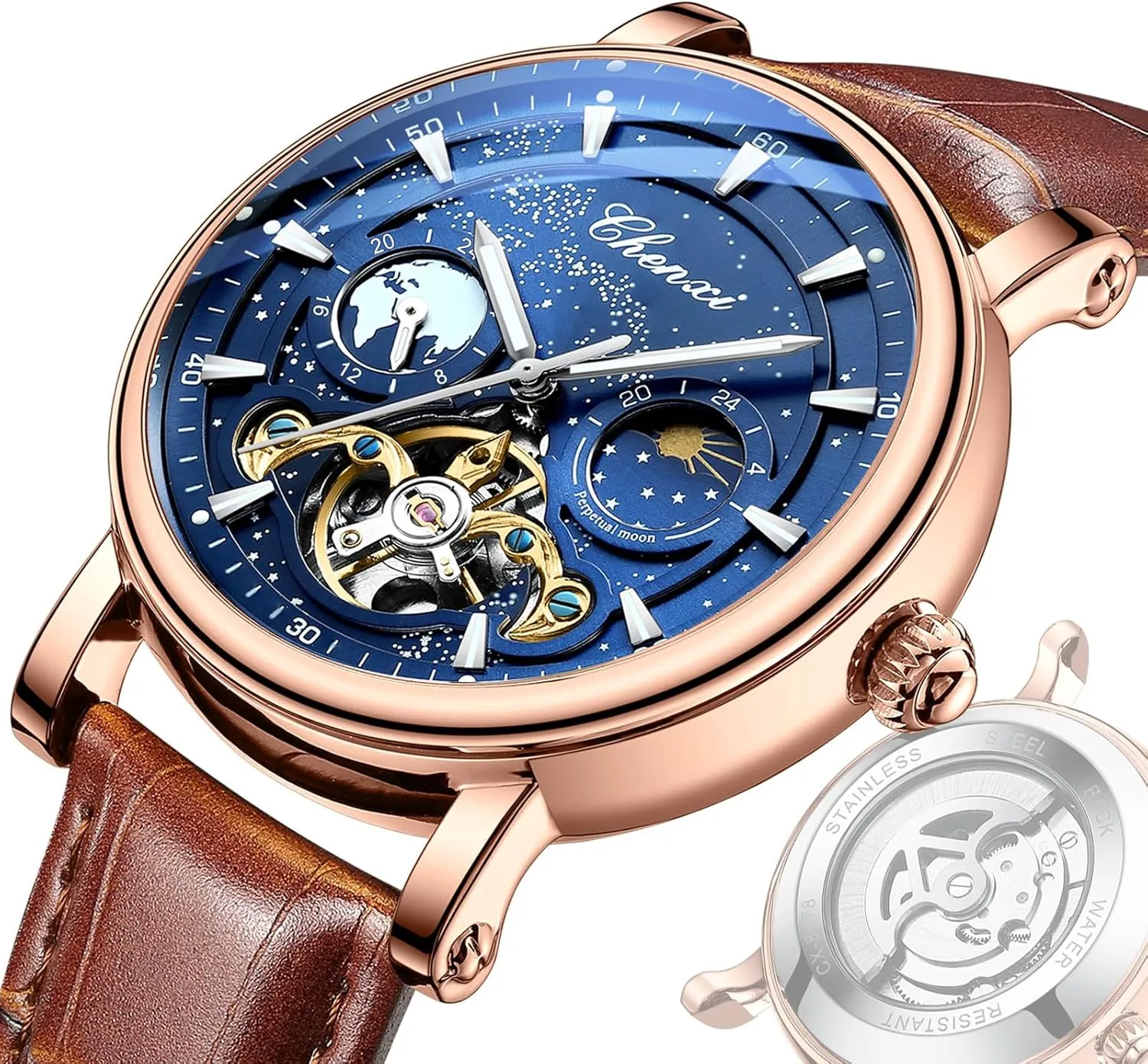 12/24 Hours Waterproof Moon Phase Watches Luxury Mens Automatic Watch Luminous Starry Sky Dial Tourbillon indignant administrator poisonous occupy prompt whom Silver Stainless Steel Case Leather Strap 