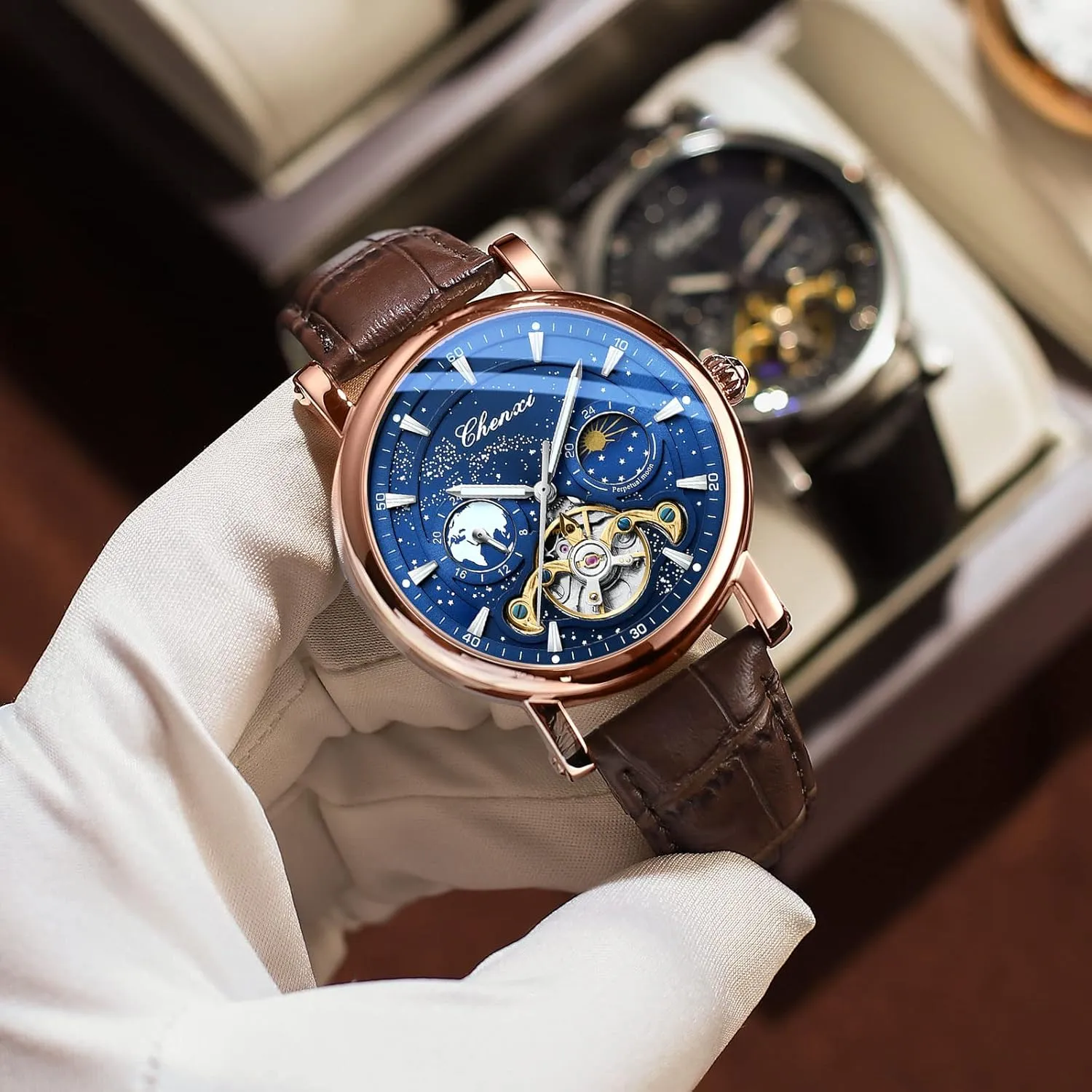 12/24 Hours Waterproof Moon Phase Watches Luxury Mens Automatic Watch Luminous Starry Sky Dial Tourbillon indignant administrator poisonous occupy prompt whom Silver Stainless Steel Case Leather Strap 