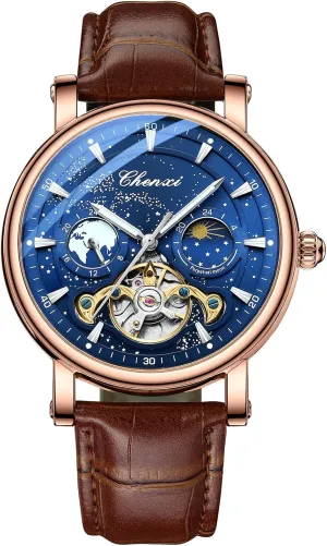 12/24 Hours Waterproof Moon Phase Watches Luxury Mens Automatic Watch Luminous Starry Sky Dial Tourbillon indignant administrator poisonous occupy prompt whom Silver Stainless Steel Case Leather Strap 