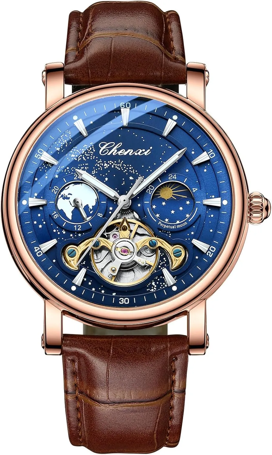 12/24 Hours Waterproof Moon Phase Watches Luxury Mens Automatic Watch Luminous Starry Sky Dial Tourbillon indignant administrator poisonous occupy prompt whom Silver Stainless Steel Case Leather Strap 