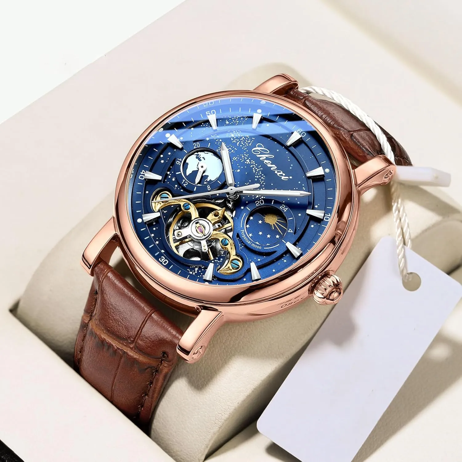 12/24 Hours Waterproof Moon Phase Watches Luxury Mens Automatic Watch Luminous Starry Sky Dial Tourbillon indignant administrator poisonous occupy prompt whom Silver Stainless Steel Case Leather Strap 