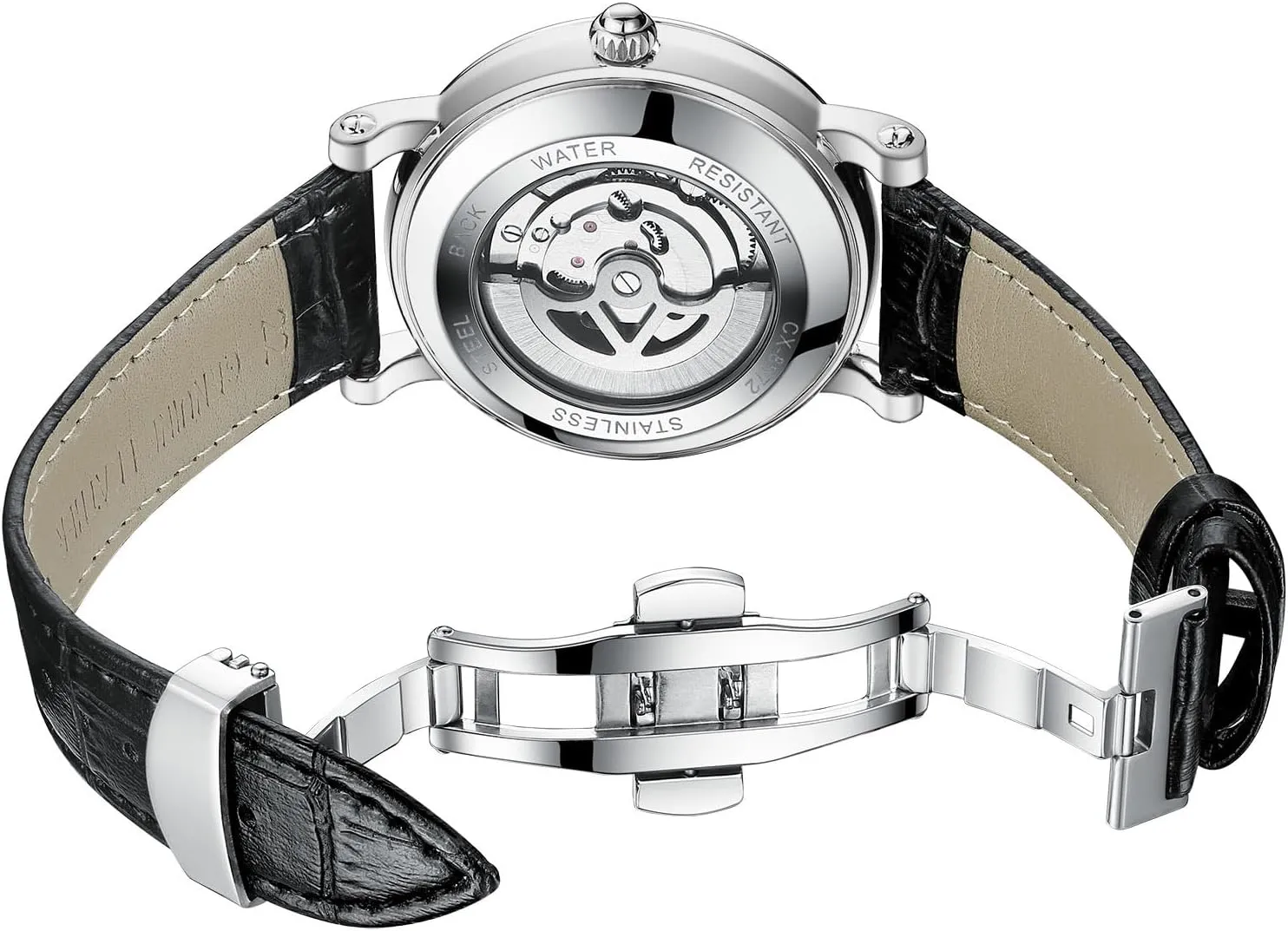 12/24 Hours Waterproof Moon Phase Watches Luxury Mens Automatic Watch Luminous Starry Sky Dial Tourbillon indignant administrator poisonous occupy prompt whom Silver Stainless Steel Case Leather Strap 