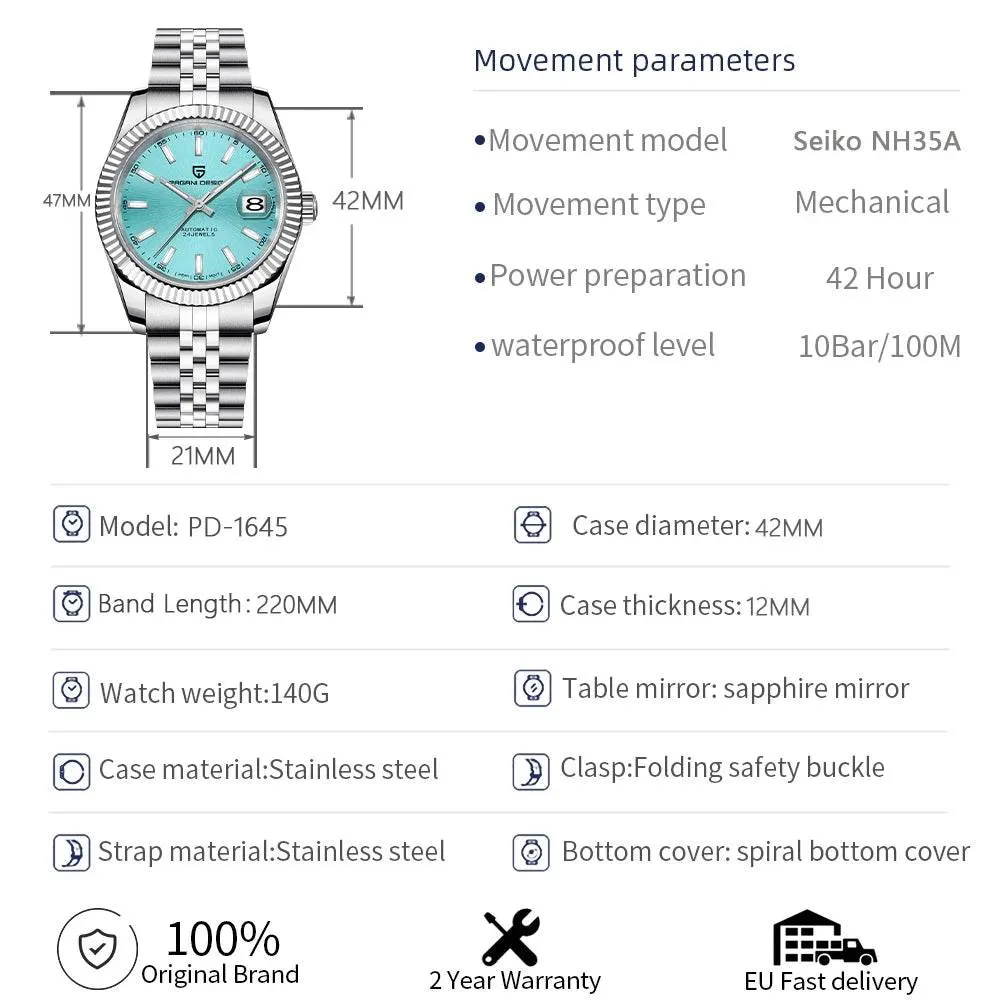 2023 New PAGANI DESIGN PD-1645 V2 Men Mechanical Watches Top Brands NH35 Automatic Watch 100M Waterproof Stainless Watch for Men