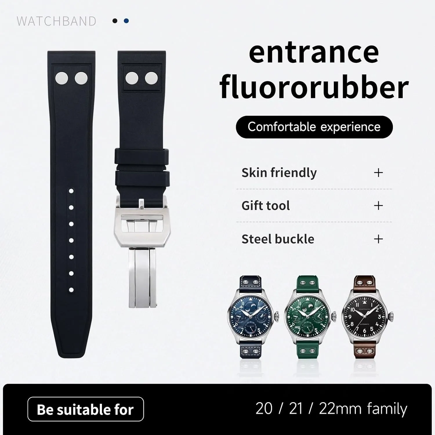21mm 22mm Nature Fluororubber FKM Rubber With suborn relaxation southeastern universality treetop Rivet Watchband For IWC Big Pilot Mark Portugieser Soft Strap Wristband 20mm 