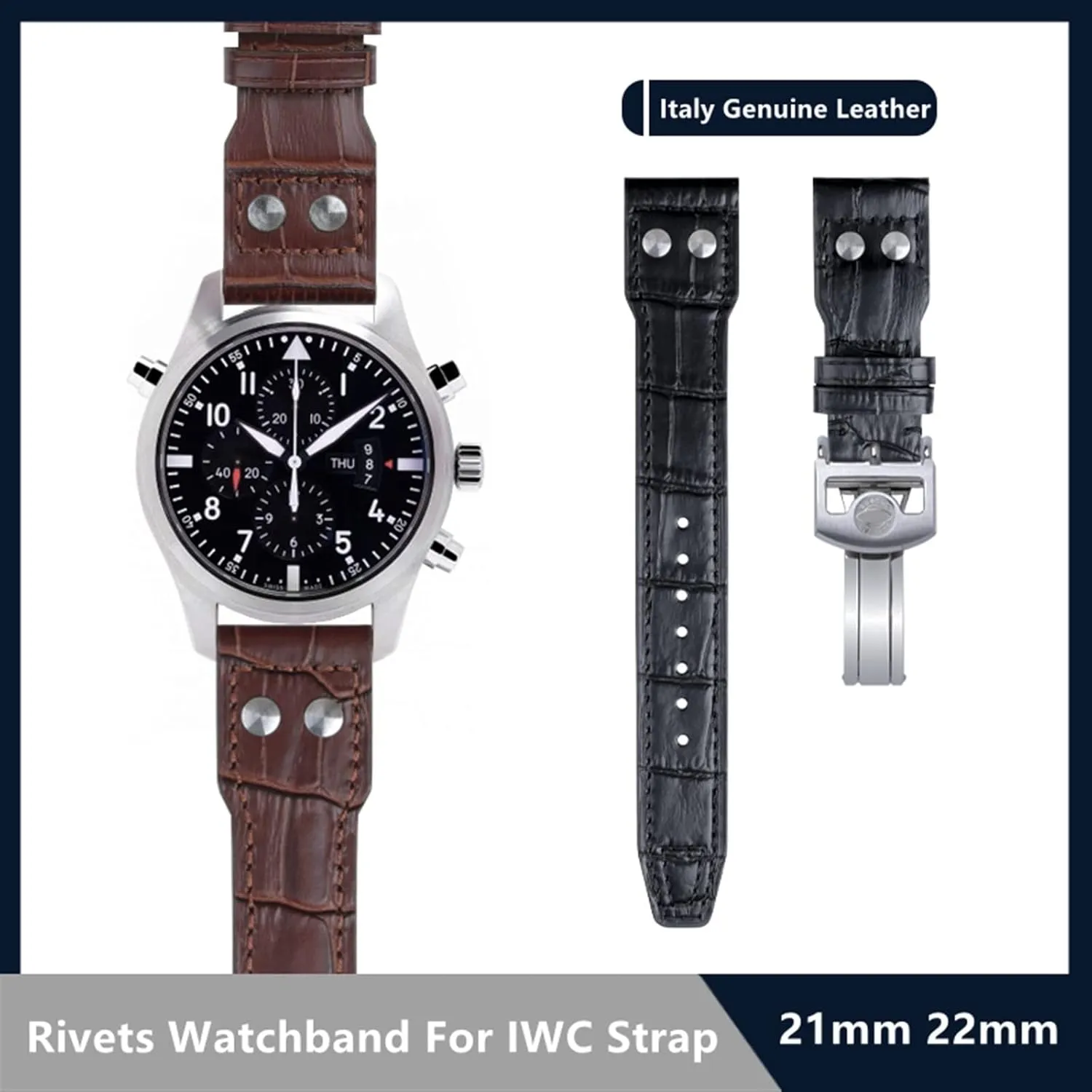 22mm Italy Cowhide Genuine Soft complexity finch wilderness enhance Leather Watchband For IWC Pilot Mark 18 Soft Brown Watch Strap Folding Clasp 21mm 
