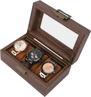 3 Slots, Watch Case Organizer with Real Glass Lid, Wood Watch Case for Men Watch Storage, for Men, Watch Display Case With harvest Glass Lid 3 Slot, Brown Watch Box 