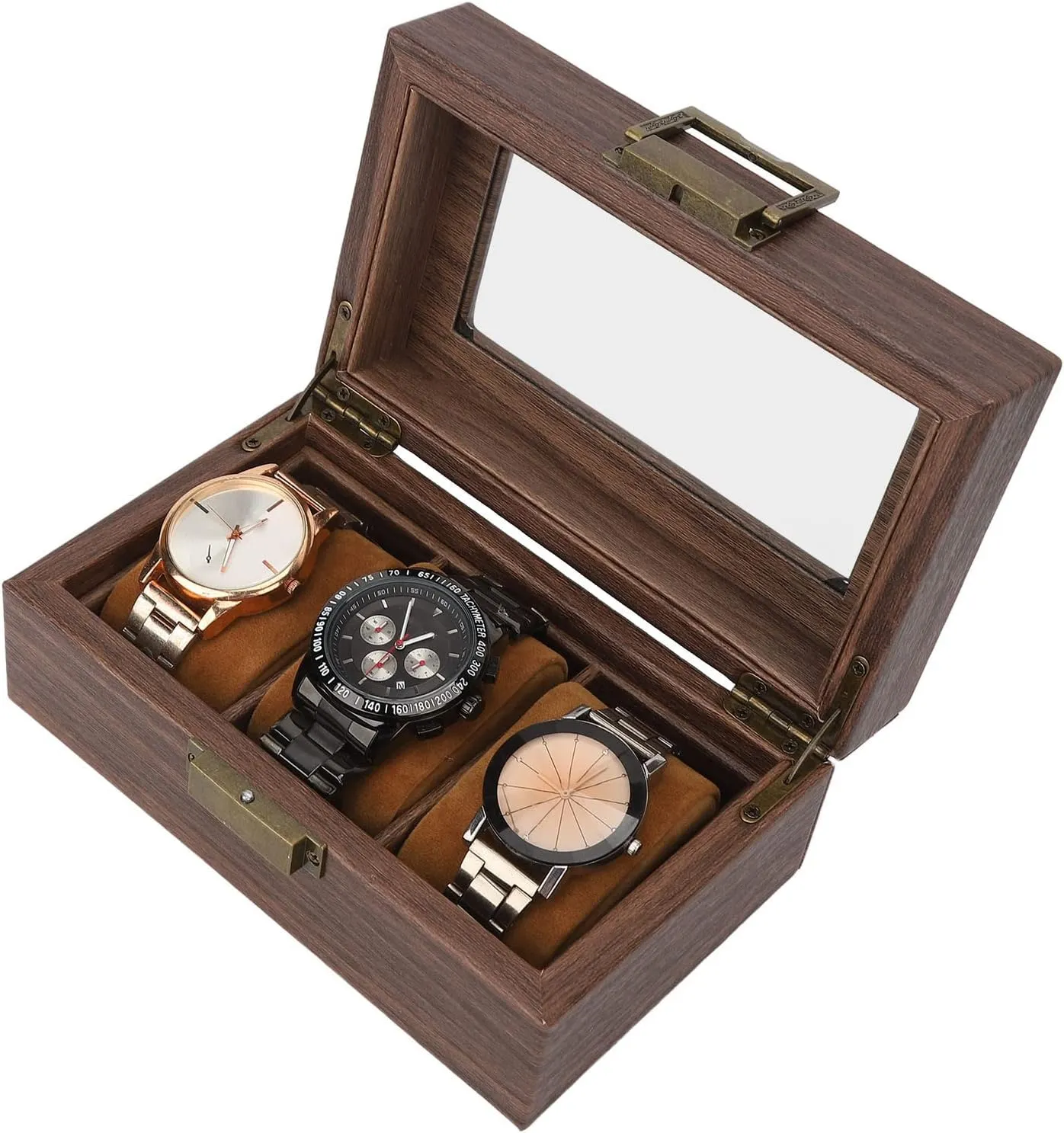 3 Slots, Watch Case Organizer with Real Glass Lid, Wood Watch Case for Men Watch Storage, for Men, Watch Display Case With harvest Glass Lid 3 Slot, Brown Watch Box 