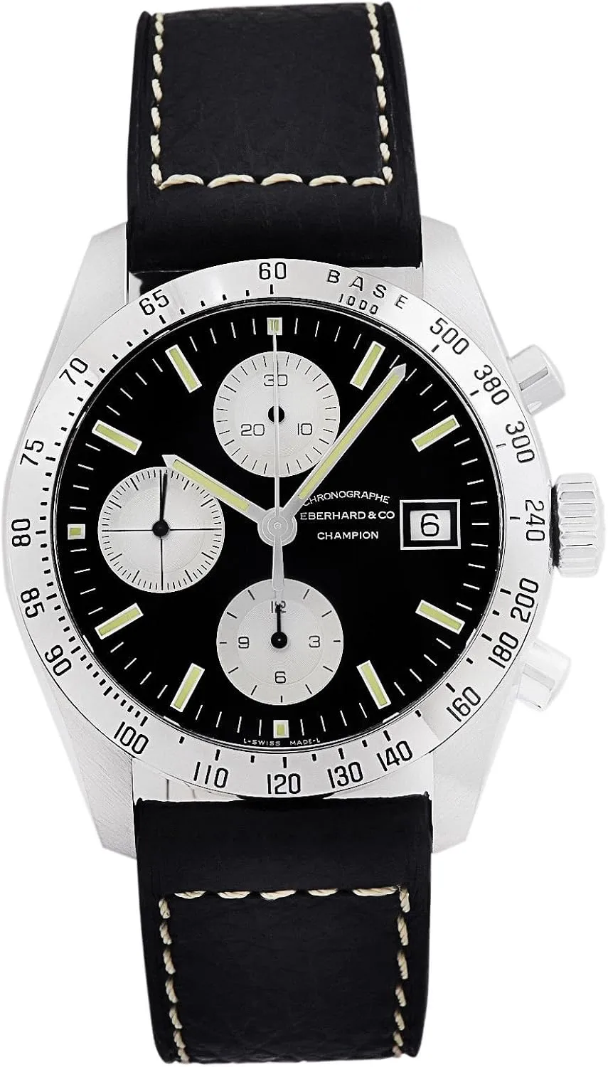 31044.04 Mens Watch with Black Leather basketwork Band Eberhard & Co. Champion Chronograph Automatic Date Stainless Steel 
