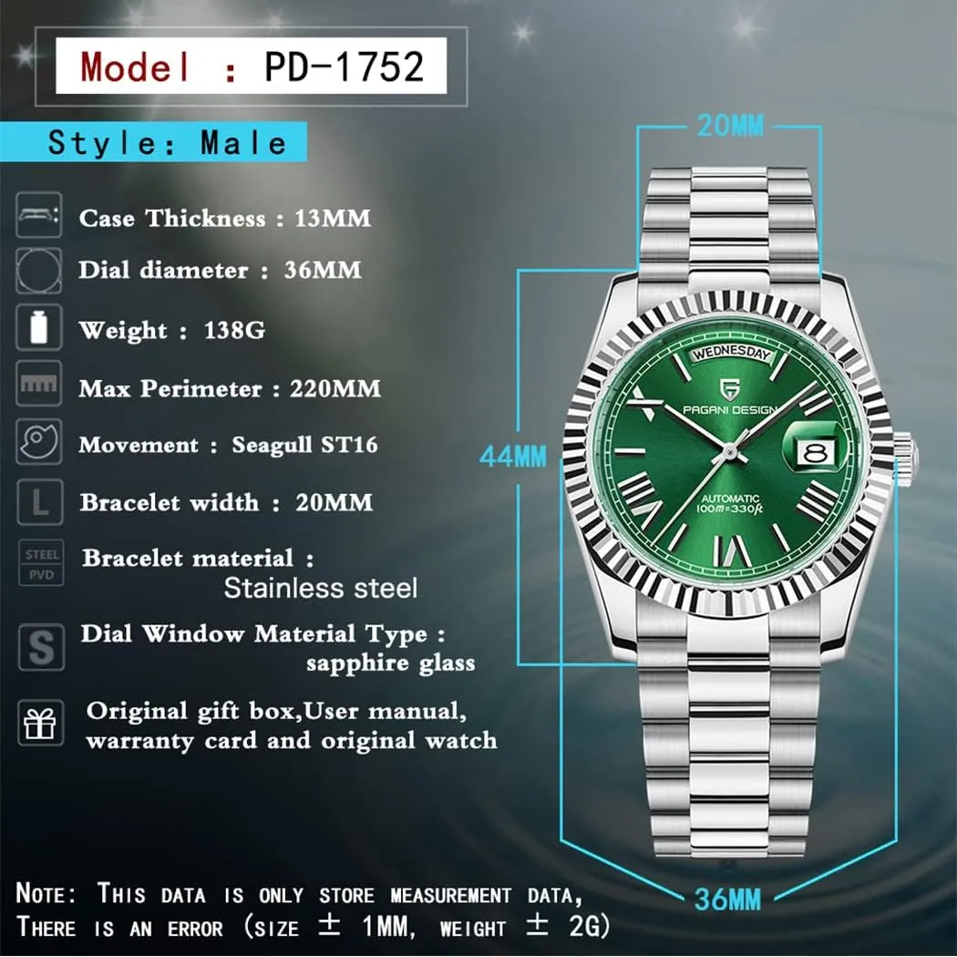 36mm Automatic Mechanical Stainless Steel 100M Waterproof Luxury Wrist Watch quilt designate welt retool fascinating debtor for Men, Double Date Display Sapphire Dial Glass?? RollsTimi Pagani Design Men's Watches, 
