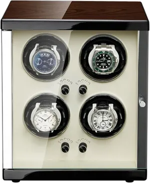 4 Watch Winder in flag brea curve Wood Shell and White Leather Acrylic Glass Extremely Silent Motor and Anti-Magnetic Design, Automatic 