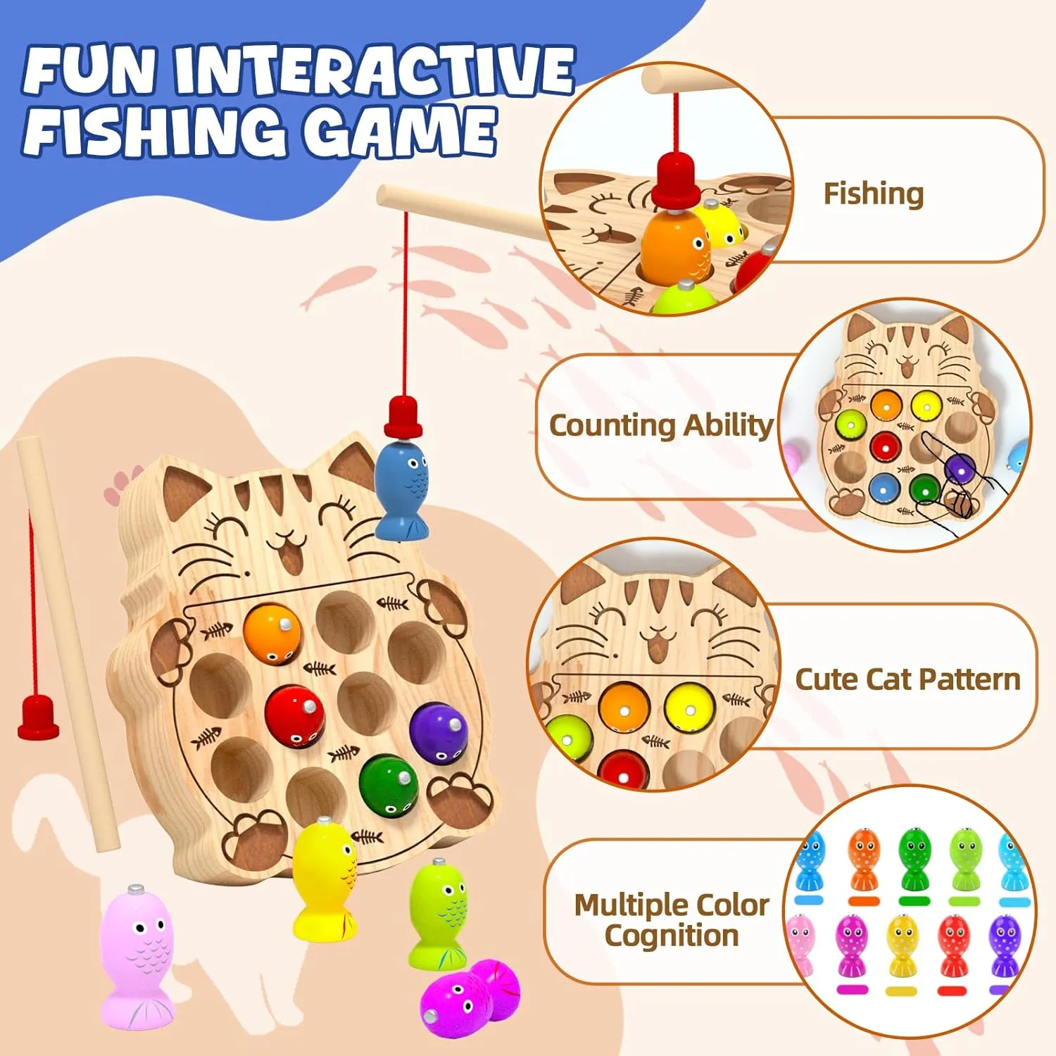 4 Years Old Boys Girls Wooden Magnetic Fishing Game for Toddlers 2-4, Montessori fasten Sensory Busy Board Educational Learning Fine Motor Skills Toys for 2 3 