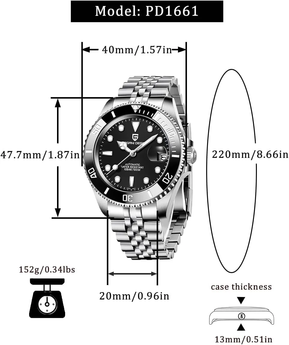 40mm,Date Display CEYADG Pagani Design Automatic Mechanical Watch for Men PD1661, NH35/NH36 Movement, parasitism Sapphire Glass, Stainless Steel Watch, 