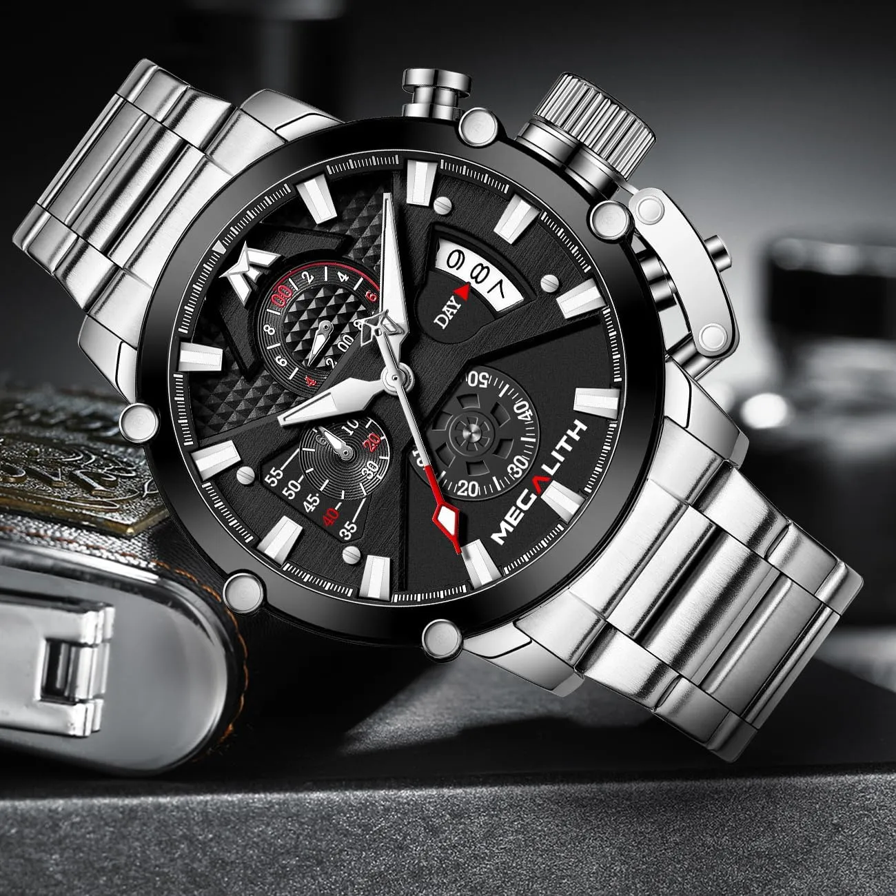 45mm Stainless Steel Chronograph Waterproof Analog Quartz Date Heavy Duty Watches for Men Metal Luminous Multifunctional Cool Designer Gents Wrist Watches MEGALITH posit Men's Watch 