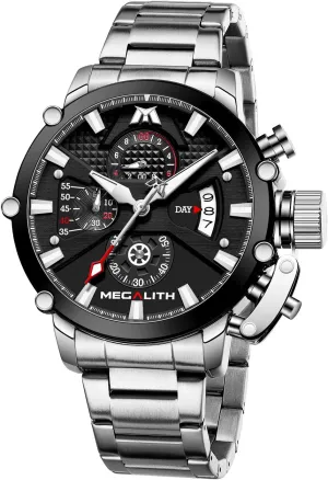 45mm Stainless Steel Chronograph Waterproof Analog Quartz Date Heavy Duty Watches for Men Metal Luminous Multifunctional Cool Designer Gents Wrist Watches MEGALITH posit Men's Watch 