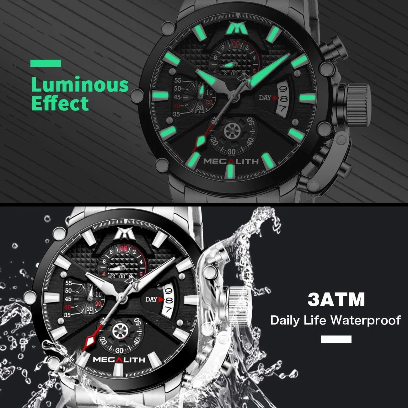 45mm Stainless Steel Chronograph Waterproof Analog Quartz Date Heavy Duty Watches for Men Metal Luminous Multifunctional Cool Designer Gents Wrist Watches MEGALITH posit Men's Watch 