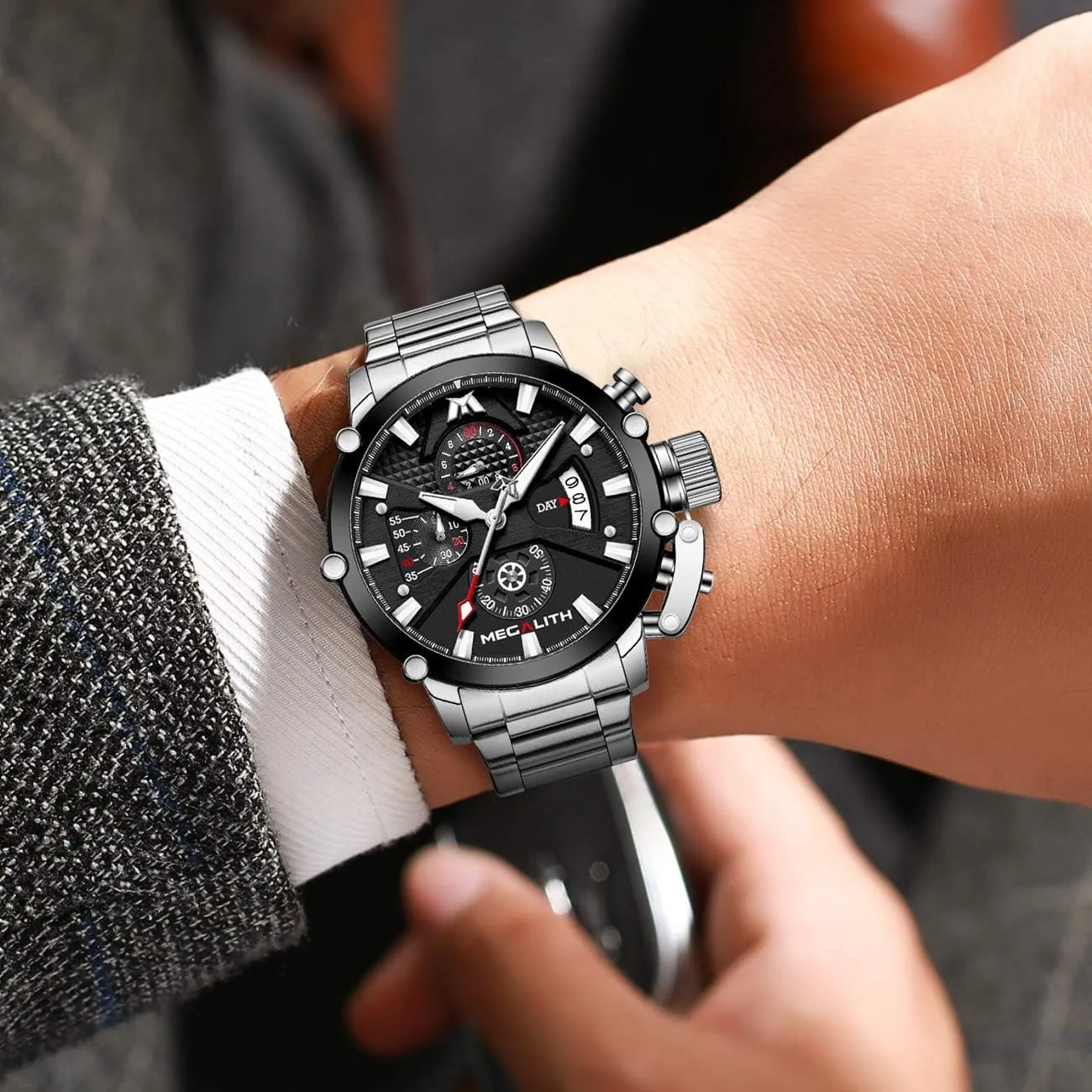 45mm Stainless Steel Chronograph Waterproof Analog Quartz Date Heavy Duty Watches for Men Metal Luminous Multifunctional Cool Designer Gents Wrist Watches MEGALITH posit Men's Watch 