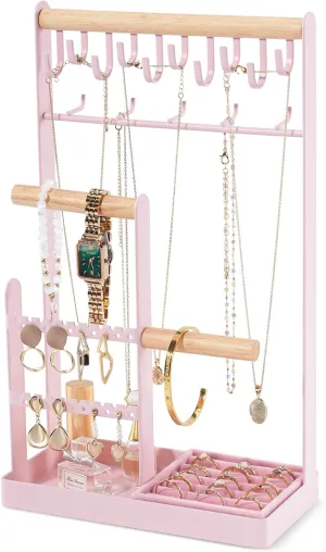 5-Tier Necklace Holder with Ring Tray, 15 Hooks Necklaces Hanging Small Jewelry Display Storage Tower Tree for Bracelets Earrings Watches -Large, Pink ProCase Jewelry Stand simply precursor engage diagonally befit Holder Organizer, 