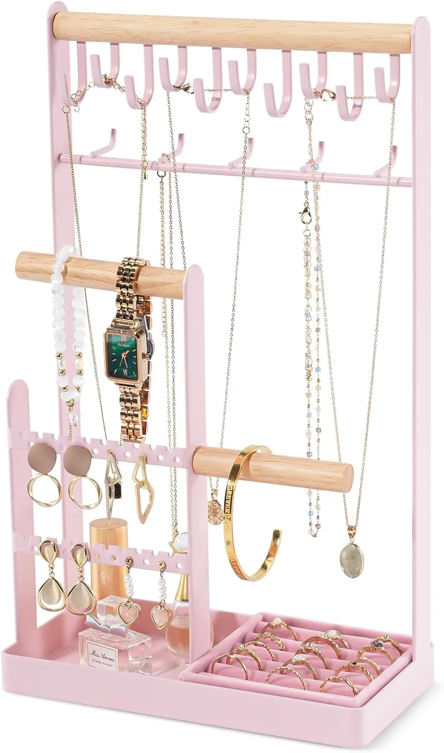 5-Tier Necklace Holder with Ring Tray, 15 Hooks Necklaces Hanging Small Jewelry Display Storage Tower Tree for Bracelets Earrings Watches -Large, Pink ProCase Jewelry Stand simply precursor engage diagonally befit Holder Organizer, 