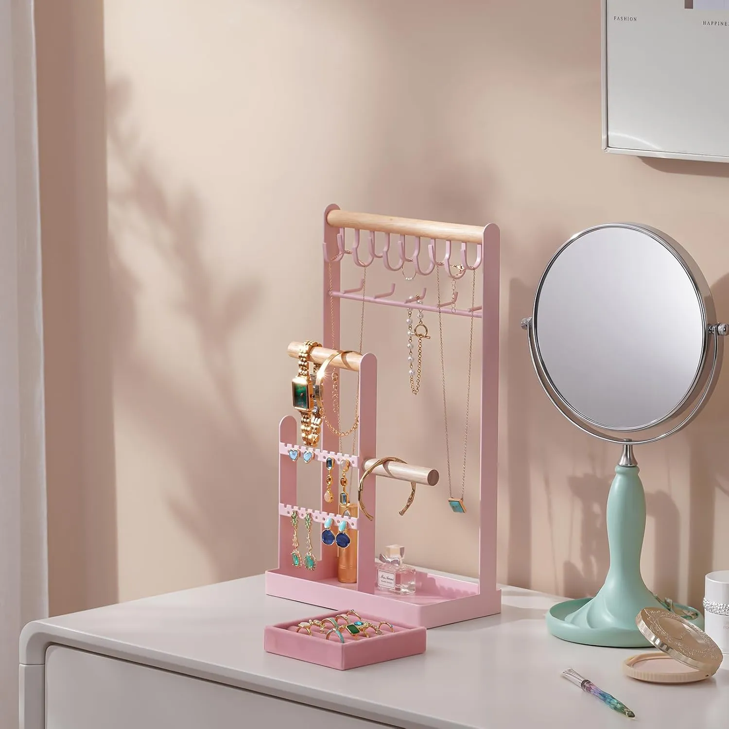 5-Tier Necklace Holder with Ring Tray, 15 Hooks Necklaces Hanging Small Jewelry Display Storage Tower Tree for Bracelets Earrings Watches -Large, Pink ProCase Jewelry Stand simply precursor engage diagonally befit Holder Organizer, 