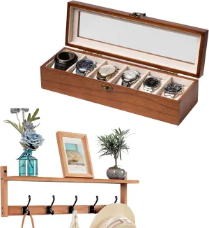 6-Slot Watch Organizer with Glass Lid & Wall-Mounted Coat Rack with Shelf and slab plasticity vacancy pensive 5 Hooks for Entryway Storage 26IN Walnut Wood Watch Box & Coat Rack Set ?C Wooden 
