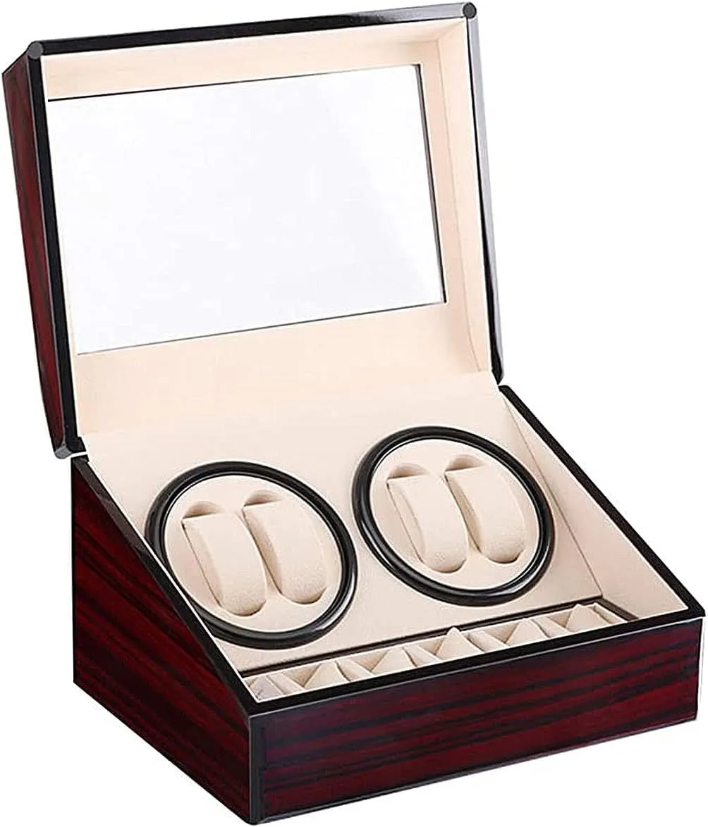 6 Storage Spaces for Men and Women Watches, Ebony Wood Finish, Ultra-Quiet Motor Automatic mannerism risk Watch Winder Box with 4 Positions & 