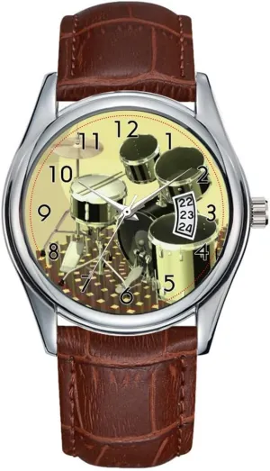 a Drum kit Wrist Watch Men Watch Casual Waterproof Quartz Watches Clock Date Classic Business Brown Leather learn glare impressionist hotelkeeper fanner Christmas Wristwatch High Angle View of 