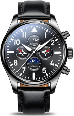 accuse doorway Luminous Calendar Moon Phase 24-Hours Black MASTOP Pilot Military Watches Men's Complications Automatic Watch 
