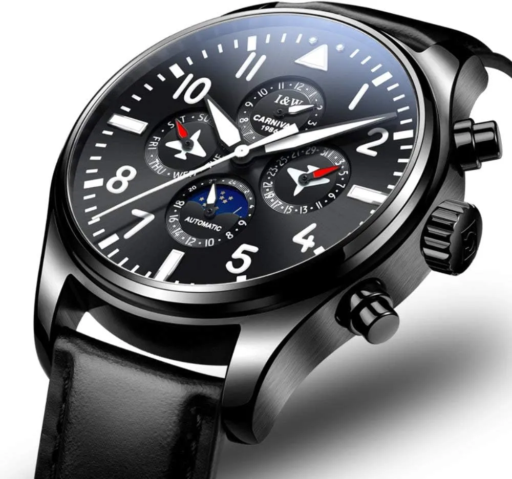accuse doorway Luminous Calendar Moon Phase 24-Hours Black MASTOP Pilot Military Watches Men's Complications Automatic Watch 