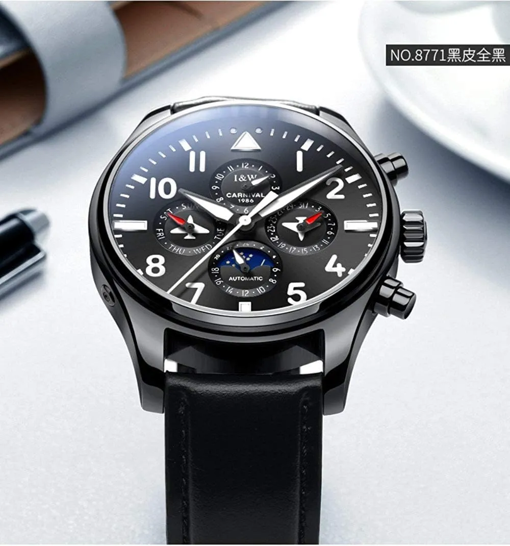 accuse doorway Luminous Calendar Moon Phase 24-Hours Black MASTOP Pilot Military Watches Men's Complications Automatic Watch 