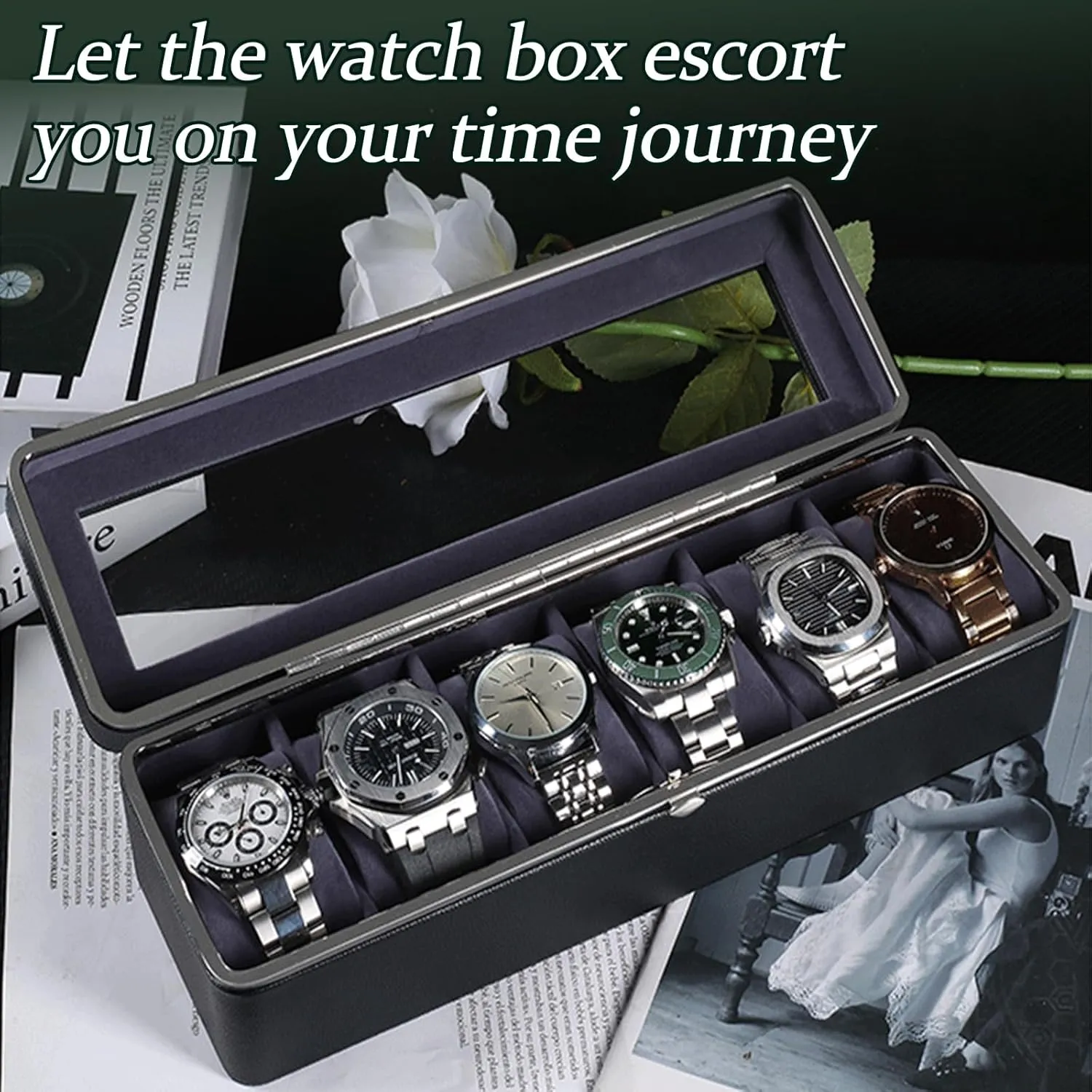 Adjustable Compartments, Jewelry Organizer for Men/Women, Watch Storage Box, PU Leather Travel Watch Case. Black Watch Cases for Men, 6 Slot Watch Display Case with availability Glass Lid / Secure Locking Clasp & 