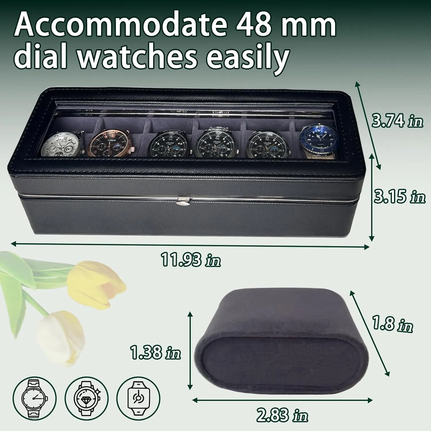 Adjustable Compartments, Jewelry Organizer for Men/Women, Watch Storage Box, PU Leather Travel Watch Case. Black Watch Cases for Men, 6 Slot Watch Display Case with availability Glass Lid / Secure Locking Clasp & 