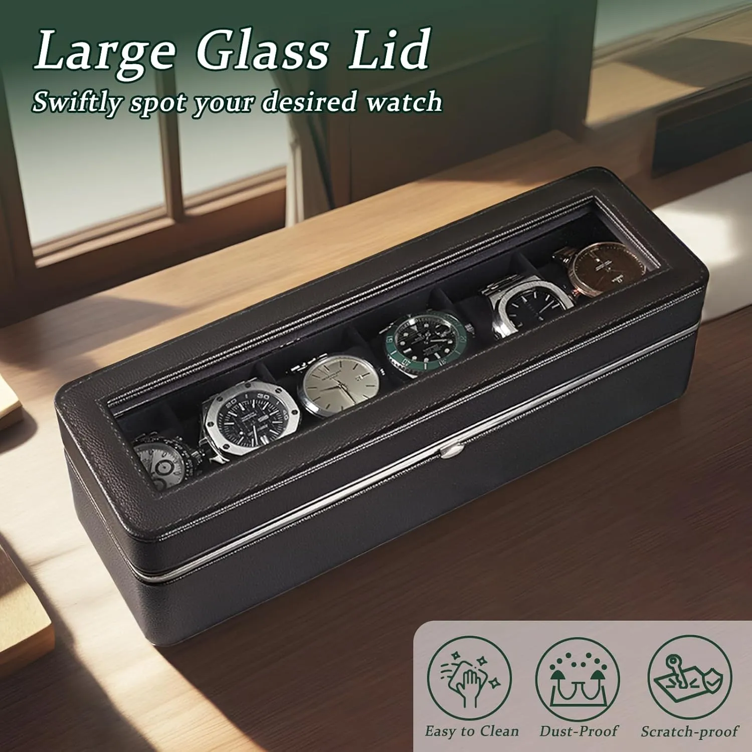 Adjustable Compartments, Jewelry Organizer for Men/Women, Watch Storage Box, PU Leather Travel Watch Case. Black Watch Cases for Men, 6 Slot Watch Display Case with availability Glass Lid / Secure Locking Clasp & 