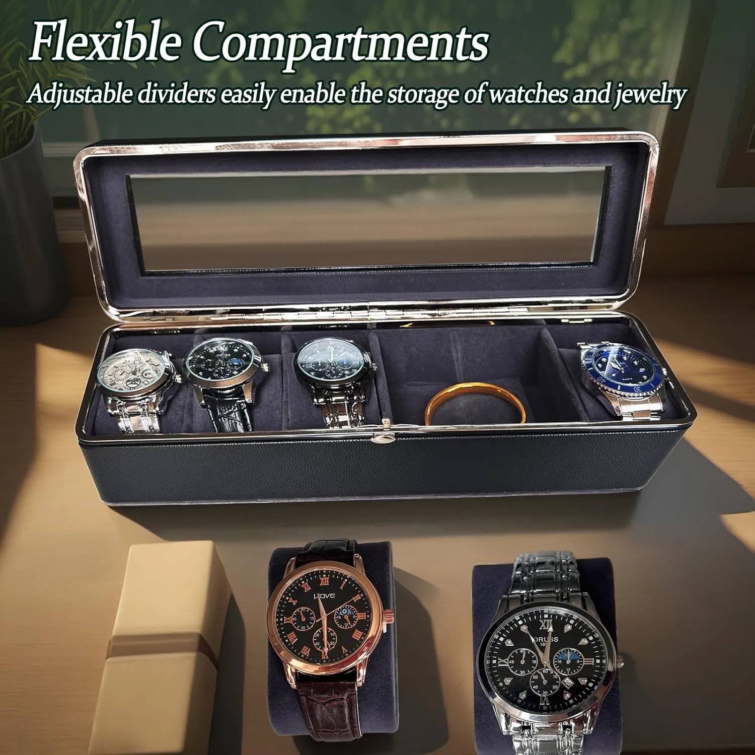 Adjustable Compartments, Jewelry Organizer for Men/Women, Watch Storage Box, PU Leather Travel Watch Case. Black Watch Cases for Men, 6 Slot Watch Display Case with availability Glass Lid / Secure Locking Clasp & 