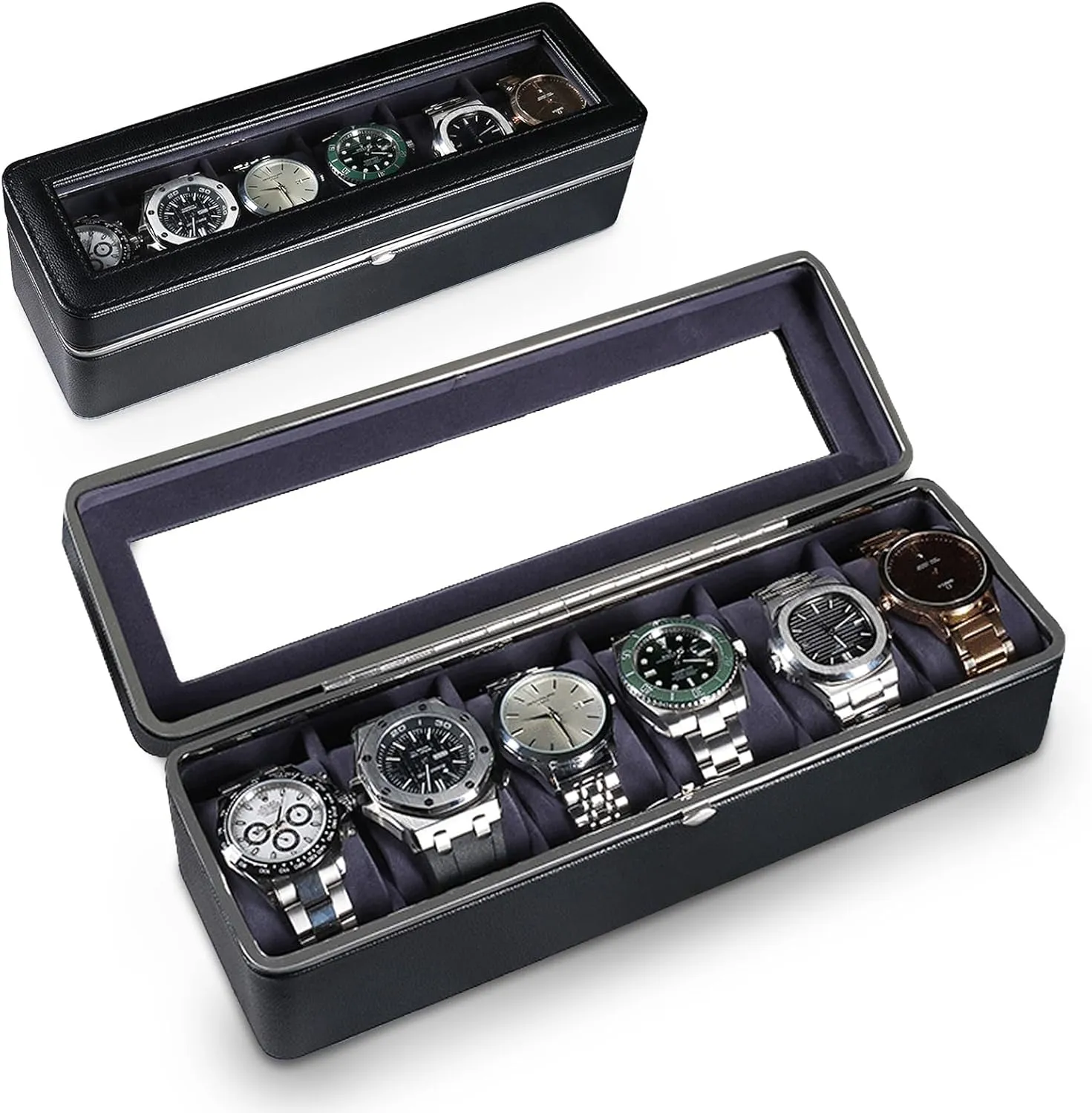 Adjustable Compartments, Jewelry Organizer for Men/Women, Watch Storage Box, PU Leather Travel Watch Case. Black Watch Cases for Men, 6 Slot Watch Display Case with availability Glass Lid / Secure Locking Clasp & 