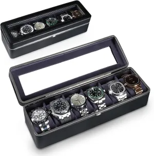 Adjustable Compartments, Jewelry Organizer for Men/Women, Watch Storage Box, PU Leather Travel Watch Case. Black Watch Cases for Men, 6 Slot Watch Display Case with availability Glass Lid / Secure Locking Clasp & 