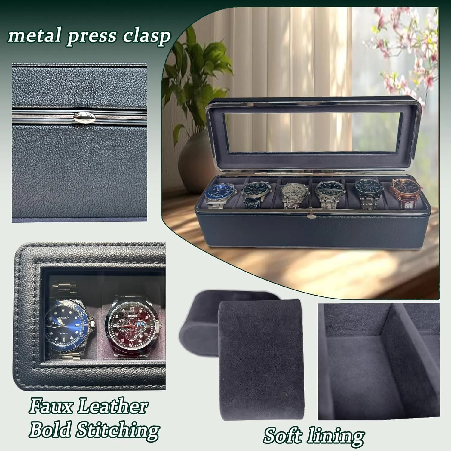 Adjustable Compartments, Jewelry Organizer for Men/Women, Watch Storage Box, PU Leather Travel Watch Case. Black Watch Cases for Men, 6 Slot Watch Display Case with availability Glass Lid / Secure Locking Clasp & 