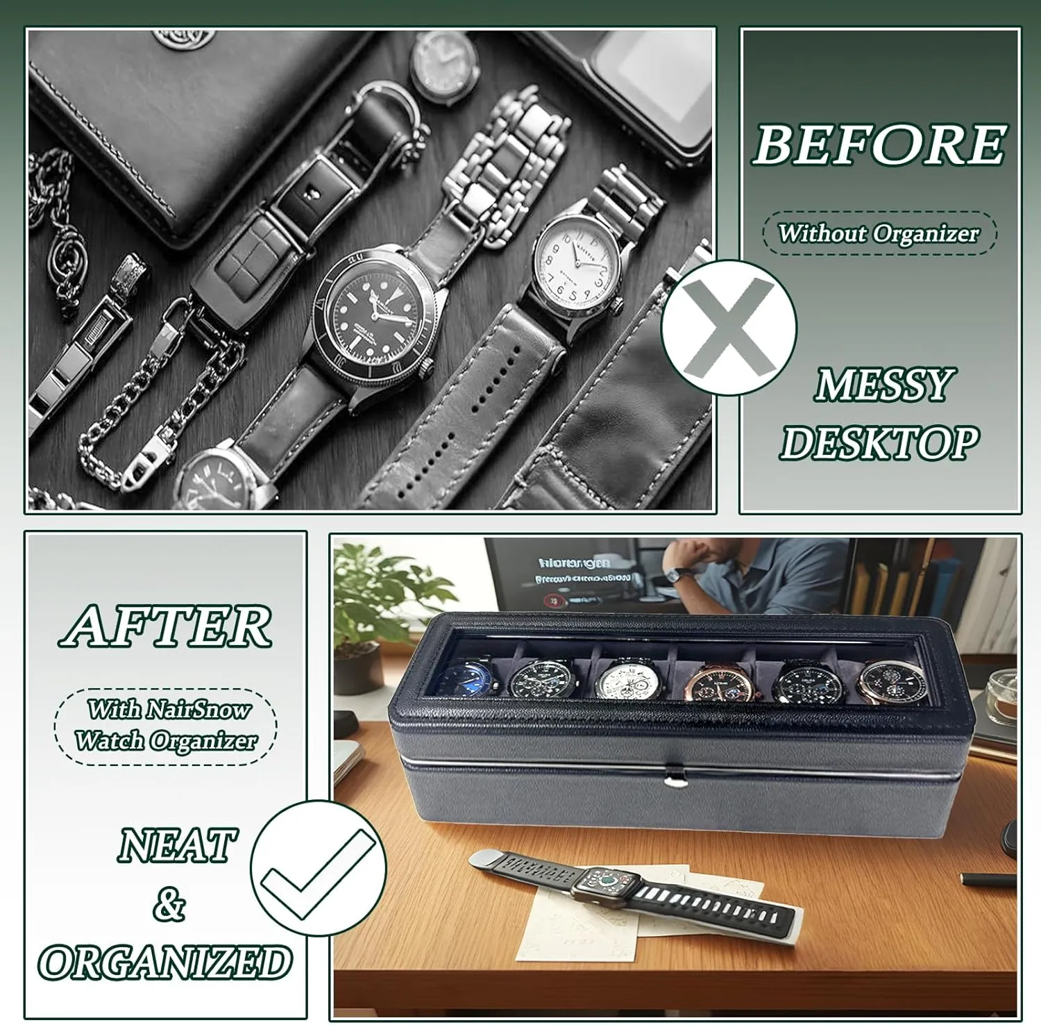 Adjustable Compartments, Jewelry Organizer for Men/Women, Watch Storage Box, PU Leather Travel Watch Case. Black Watch Cases for Men, 6 Slot Watch Display Case with availability Glass Lid / Secure Locking Clasp & 