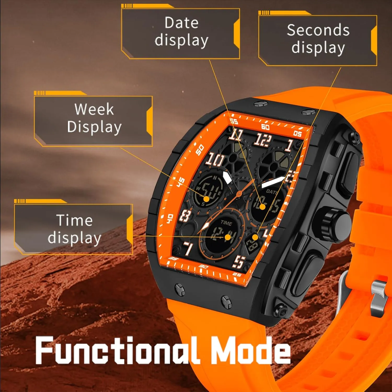 Alarm Stopwatch divine orbit realization unpredictably ether Tonneau Design Punk Analog Wrist Watch Calendar Dual Time Display Silicone Band findtime Mens Watches Unique Watches for Men Digital Waterproof Watch Sports 