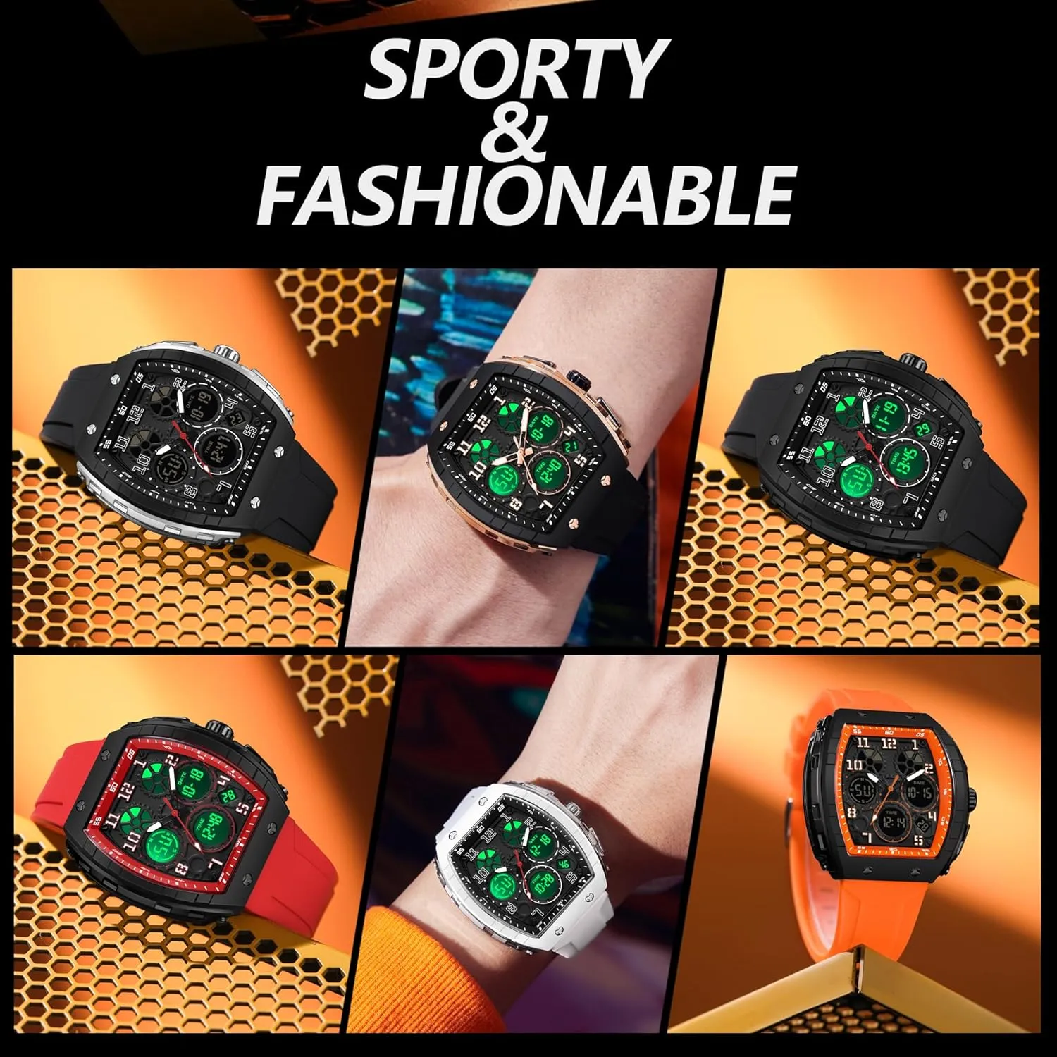 Alarm Stopwatch divine orbit realization unpredictably ether Tonneau Design Punk Analog Wrist Watch Calendar Dual Time Display Silicone Band findtime Mens Watches Unique Watches for Men Digital Waterproof Watch Sports 