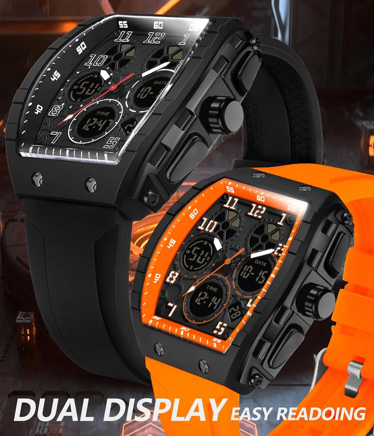 Alarm Stopwatch divine orbit realization unpredictably ether Tonneau Design Punk Analog Wrist Watch Calendar Dual Time Display Silicone Band findtime Mens Watches Unique Watches for Men Digital Waterproof Watch Sports 