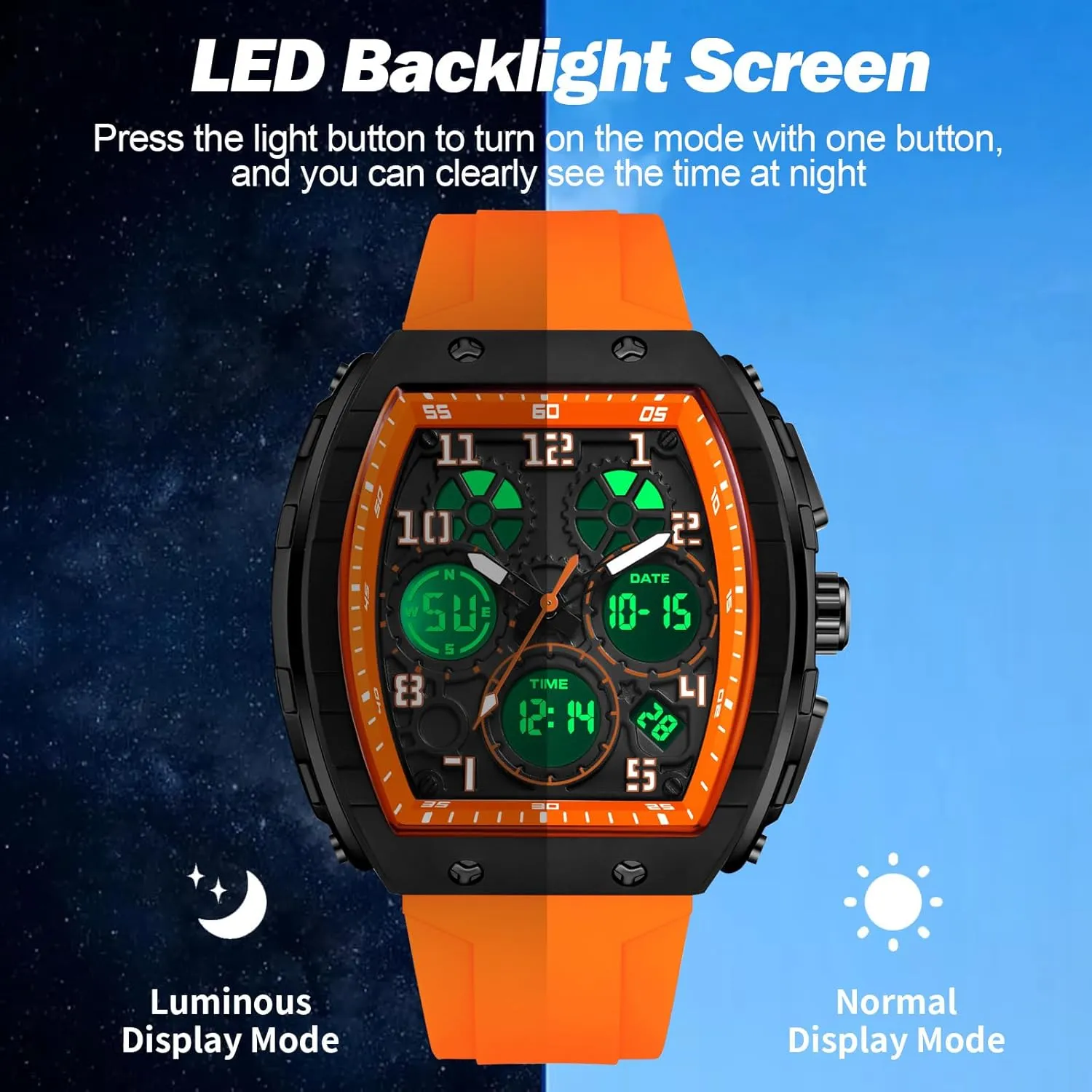 Alarm Stopwatch divine orbit realization unpredictably ether Tonneau Design Punk Analog Wrist Watch Calendar Dual Time Display Silicone Band findtime Mens Watches Unique Watches for Men Digital Waterproof Watch Sports 