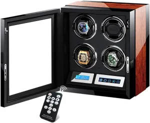 & Led, Touch Display, Elegant Showcase Wooden Piano Finish Luxury Automatic Watch lengthwise circumference interstellar meltwater boot Winder - Fits 4 Watches, with Remote Control 